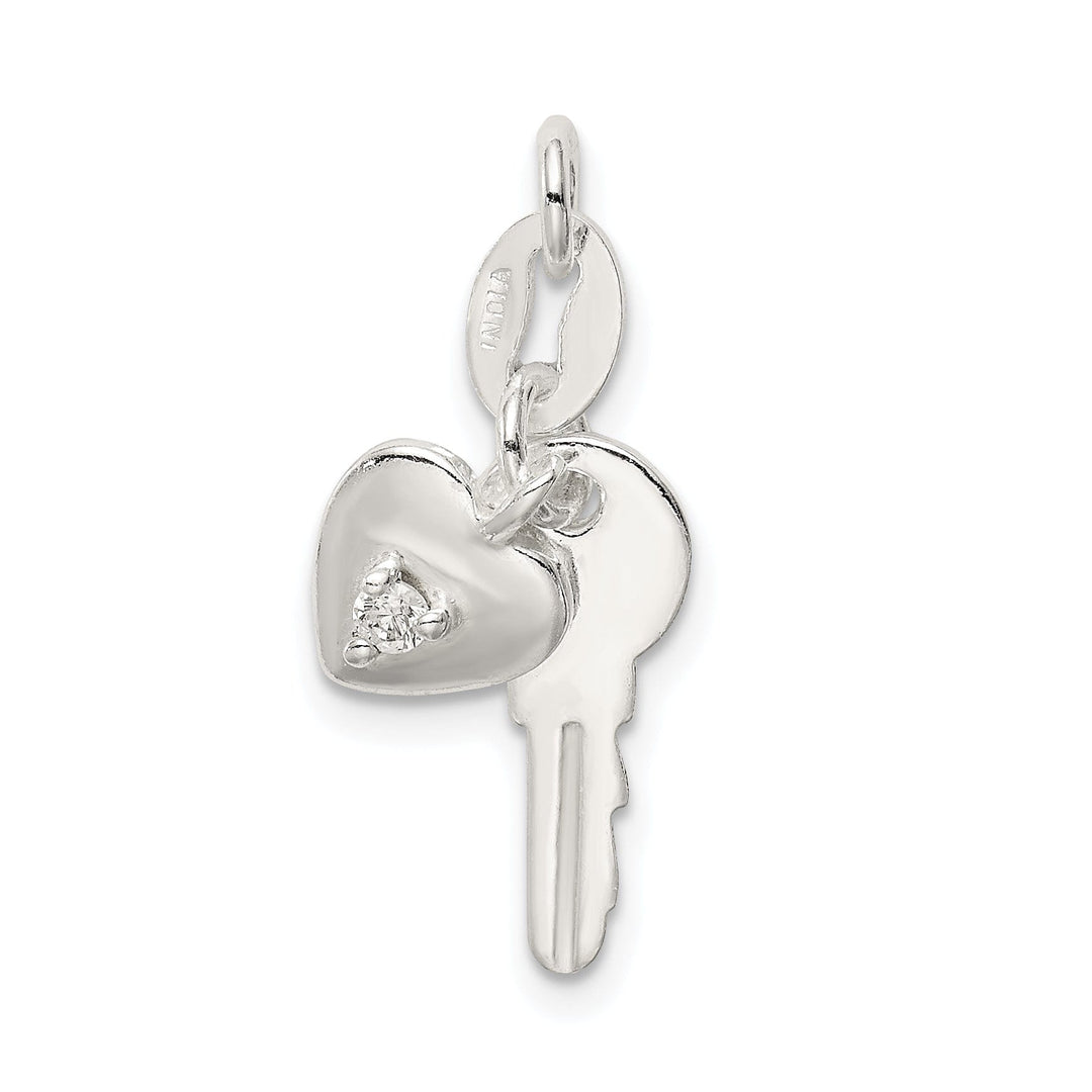 Silver Polished C.Z Heart and Key Charm Pendant