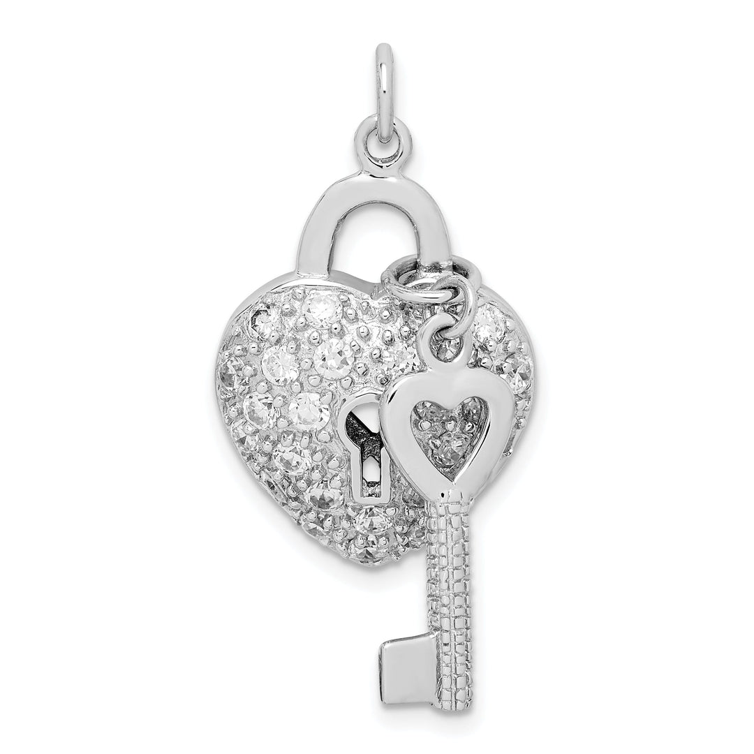 Silver Polished C.Z Heart and Key Charm Pendant