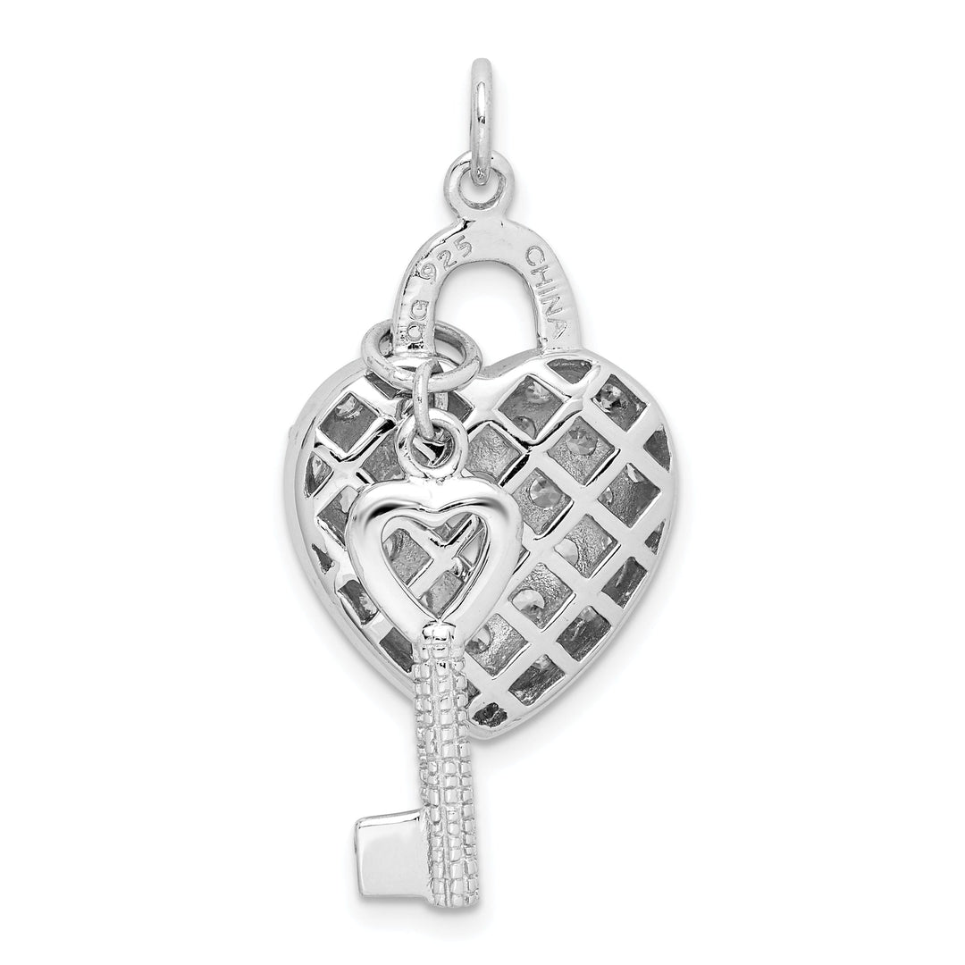 Silver Polished C.Z Heart and Key Charm Pendant