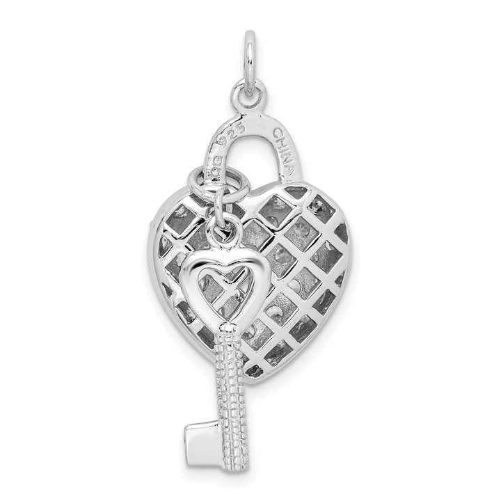 Silver Polished C.Z Heart and Key Charm Pendant