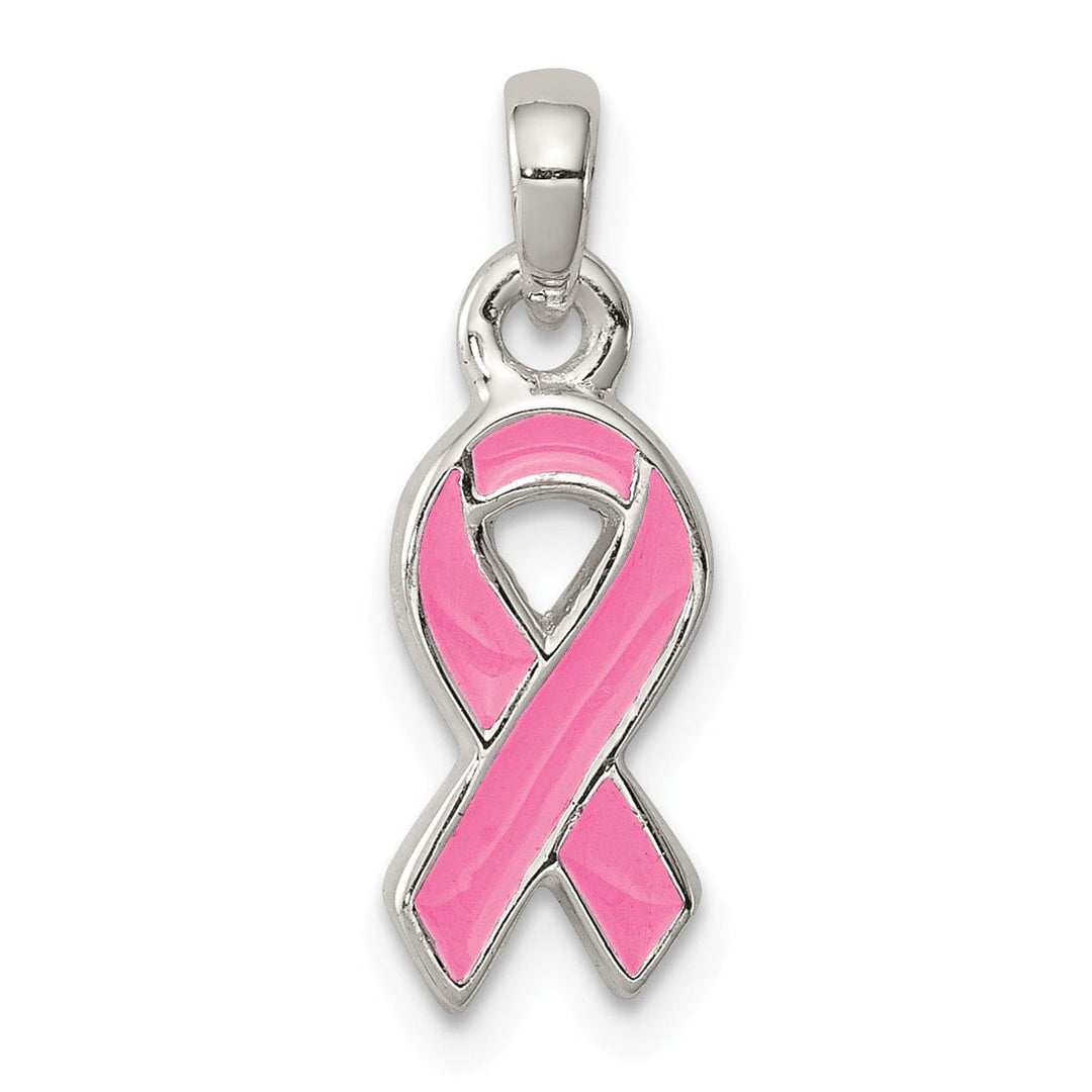 Silver Polished Pink Enameled Ribbon Charm