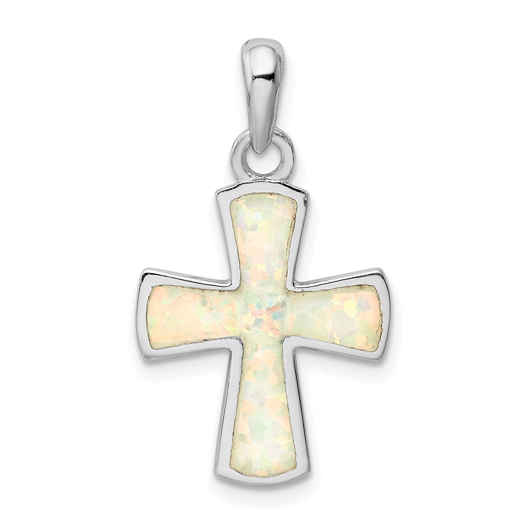 Sterling Silver Rhodium-plated White Lab Created Opal Cross Pendant