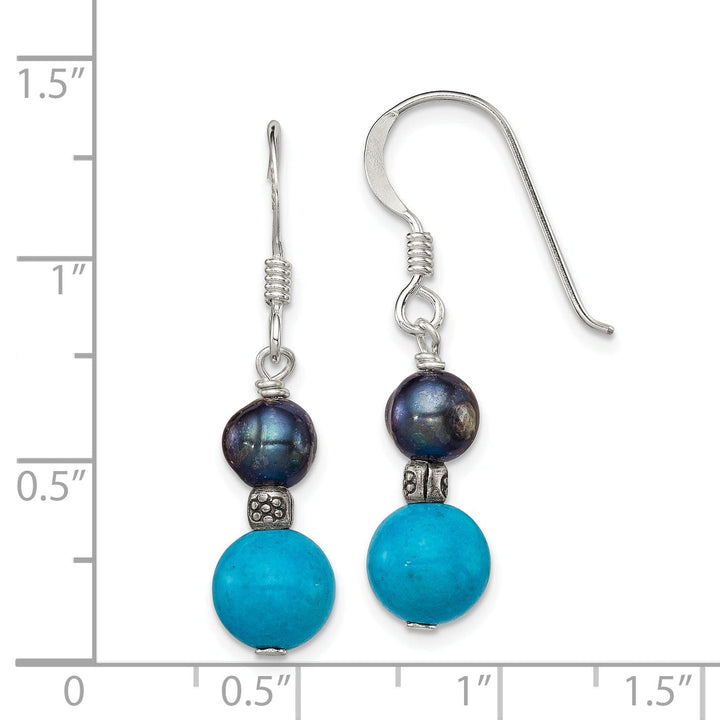 Silver Black Pearl Turquoise Dangle Earrings