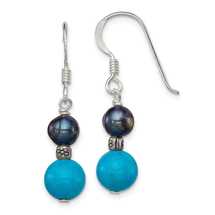 Silver Black Pearl Turquoise Dangle Earrings