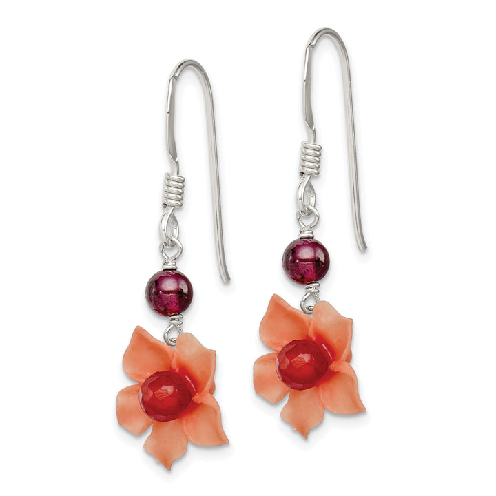 Silver Garnet Carnelian Dangle Flower Earrings