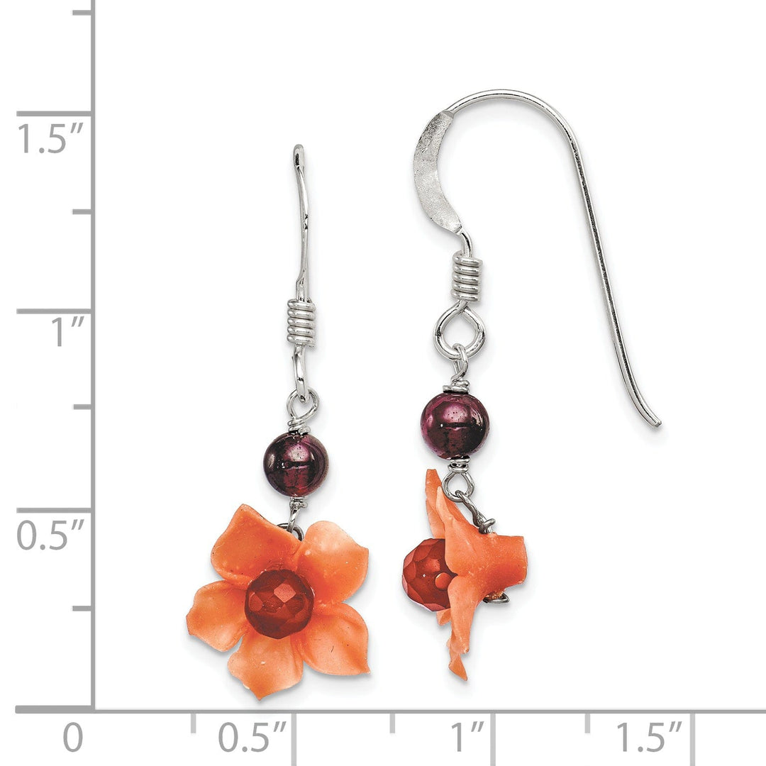 Silver Garnet Carnelian Dangle Flower Earrings