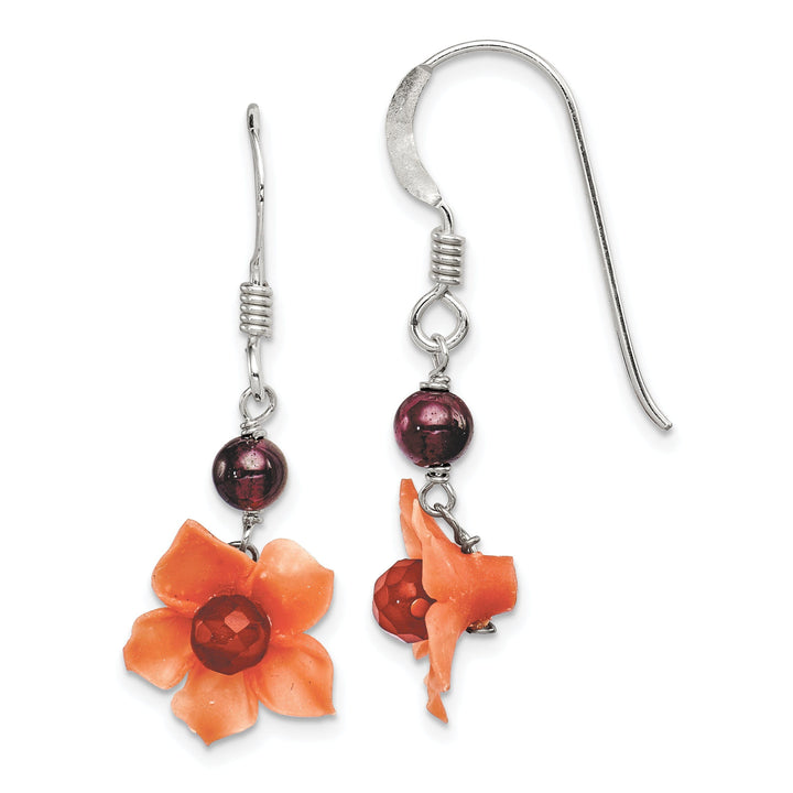 Silver Garnet Carnelian Dangle Flower Earrings