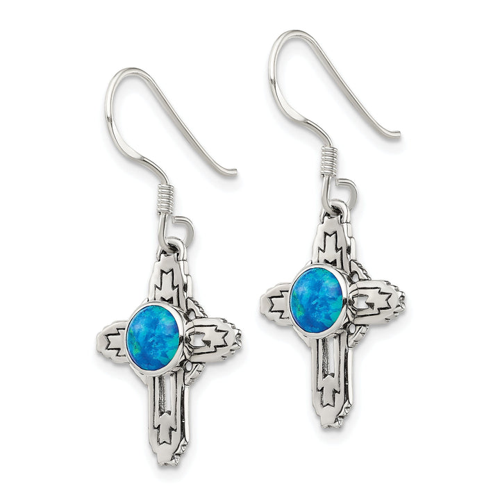 Sterling Silver Antiqued Created Opal Cross Dangle