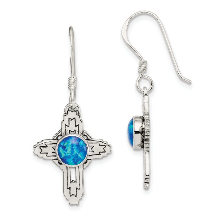 Sterling Silver Antiqued Created Opal Cross Dangle