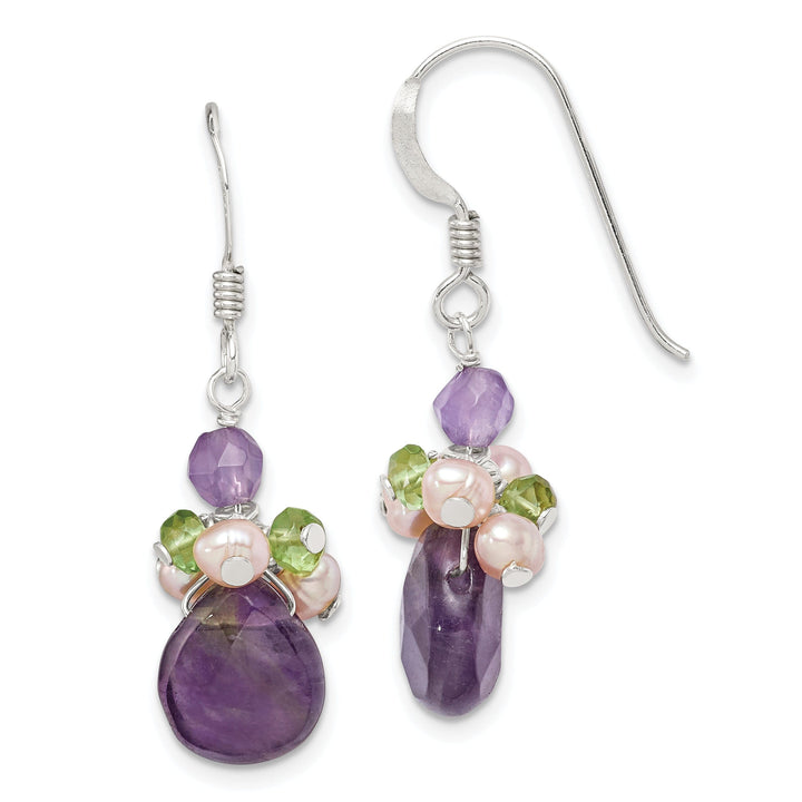 Silver Amethyst Peridot Pearl Dangle Earrings