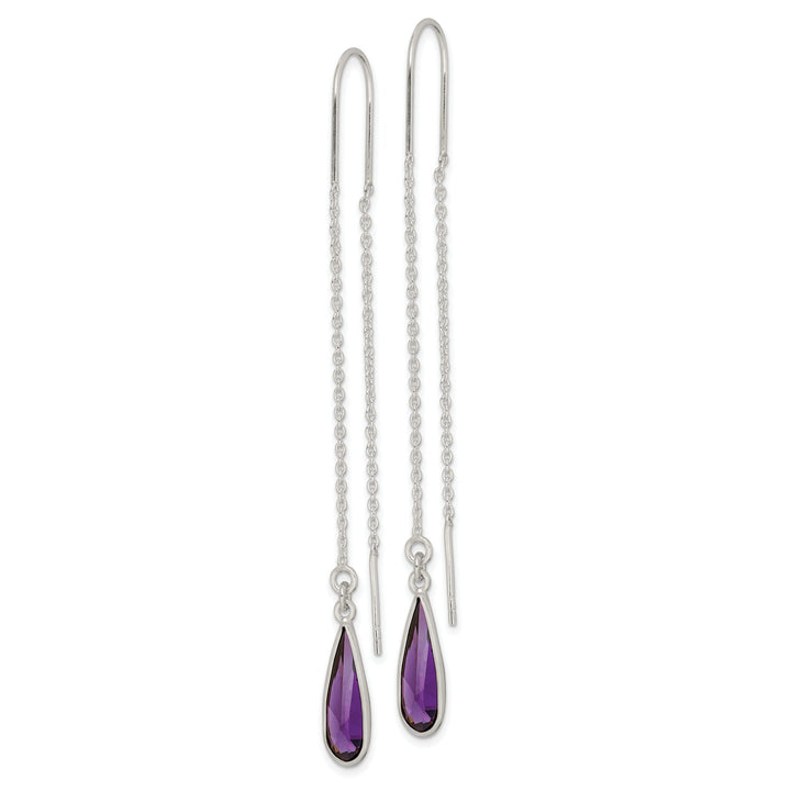 Silver Purple C.Z Teardrop Threader Earrings