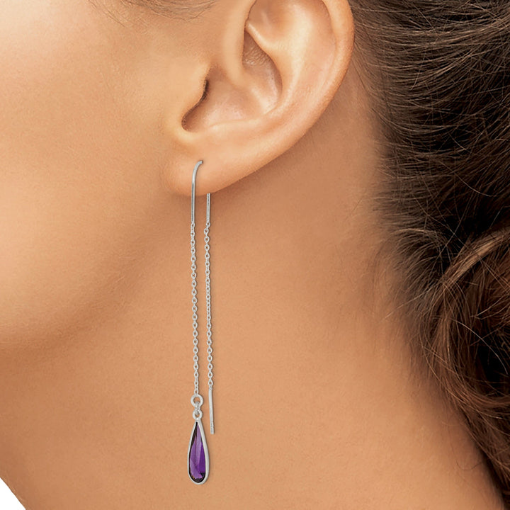 Silver Purple C.Z Teardrop Threader Earrings