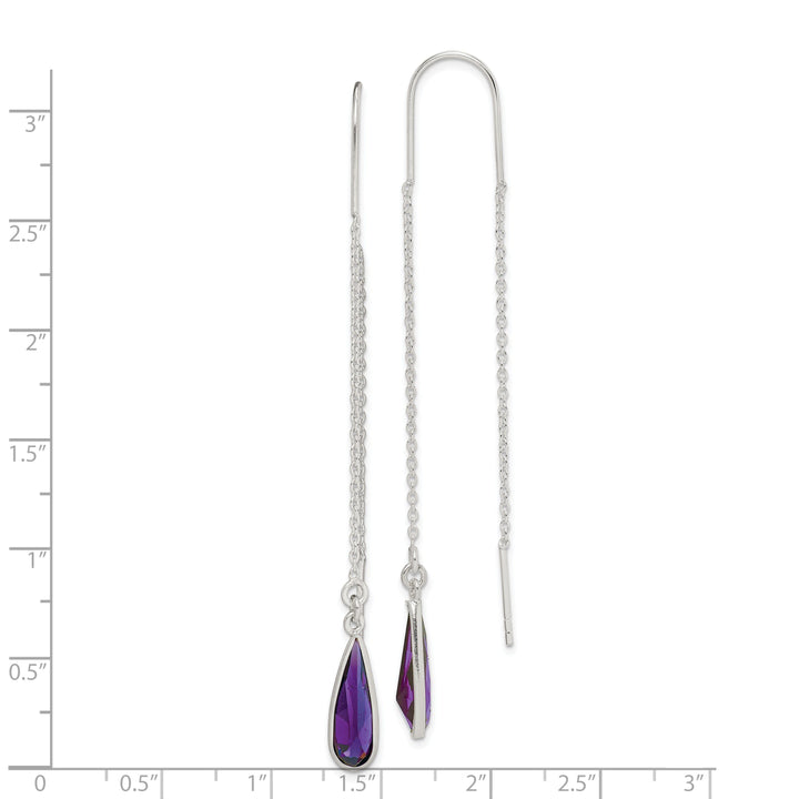 Silver Purple C.Z Teardrop Threader Earrings