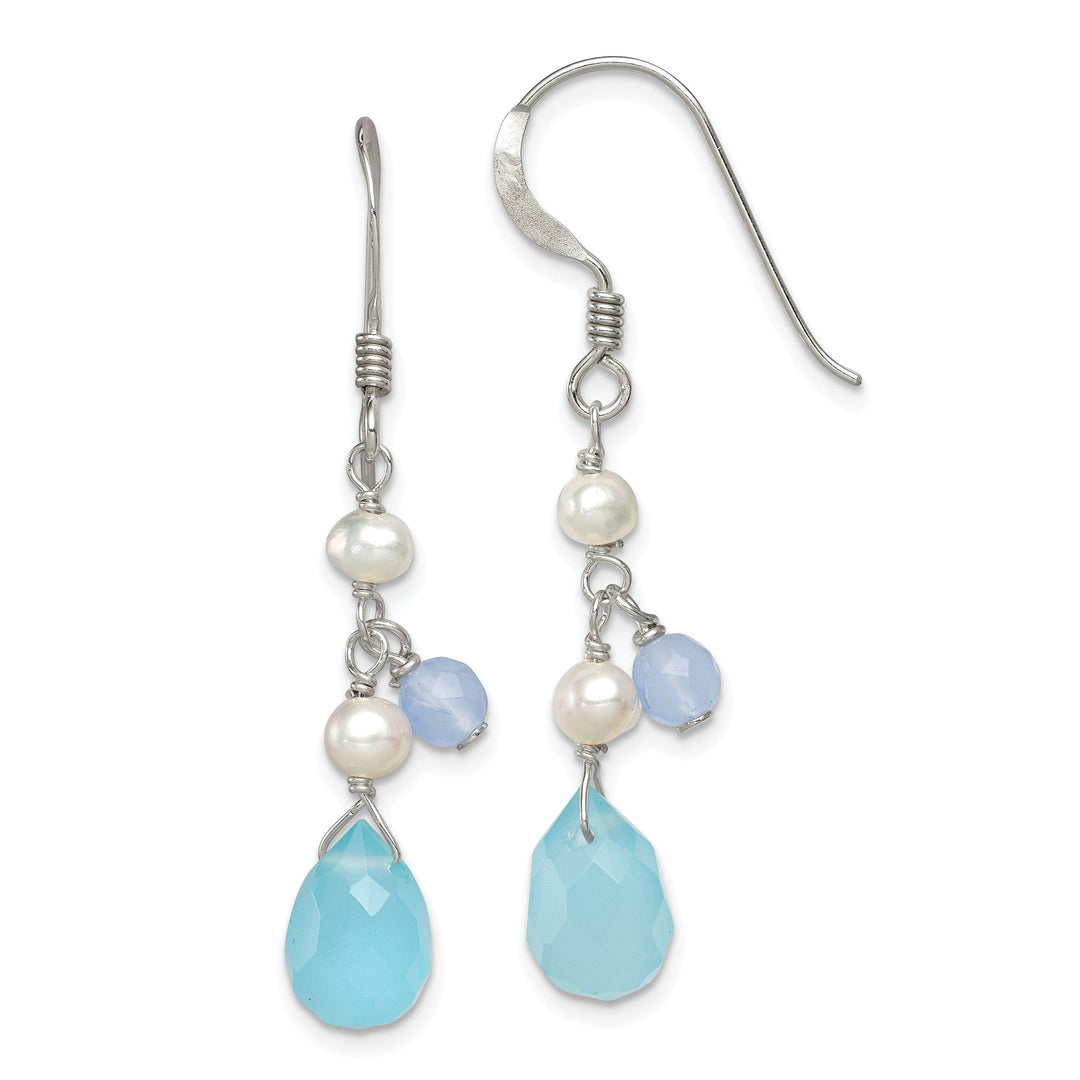 Silver Blue Agate Topaz Pearl Dangle Earrings