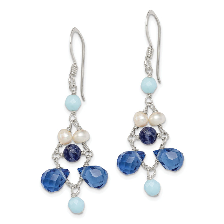 Silver Blue Crystal Lapis Pearl Dangle Earrings