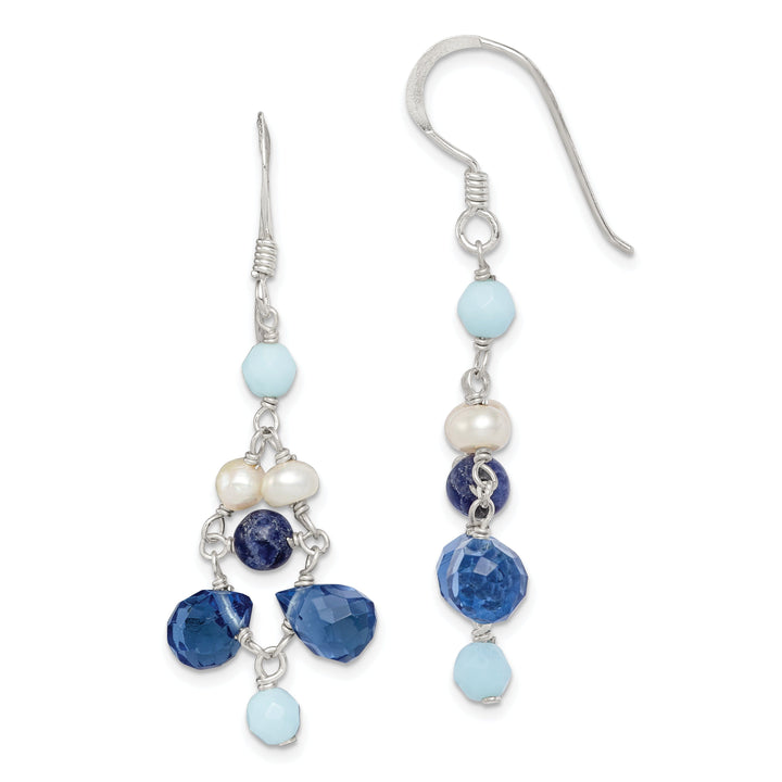 Silver Blue Crystal Lapis Pearl Dangle Earrings