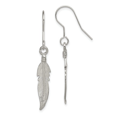 Sterling Silver Feather Dangle Hook Earrings