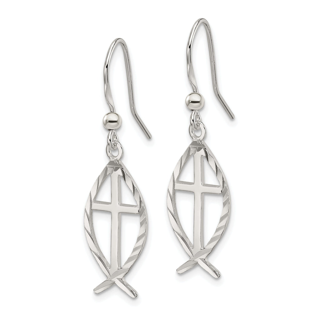 Silver Diamond Cut Cross With Fish Dangle Earrings