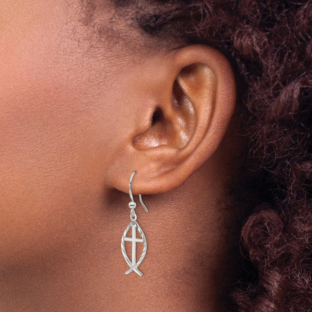 Silver Diamond Cut Cross With Fish Dangle Earrings