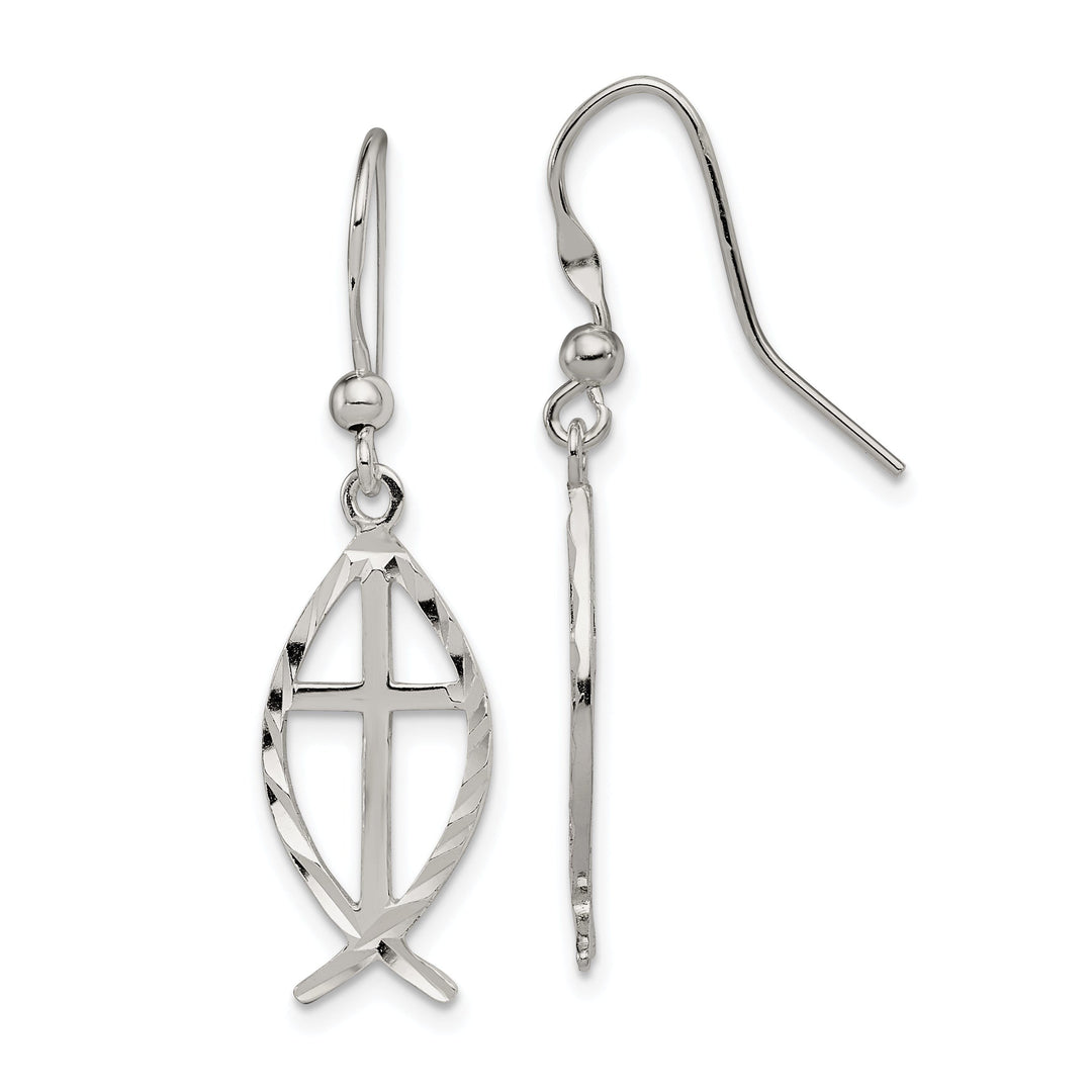 Silver Diamond Cut Cross With Fish Dangle Earrings