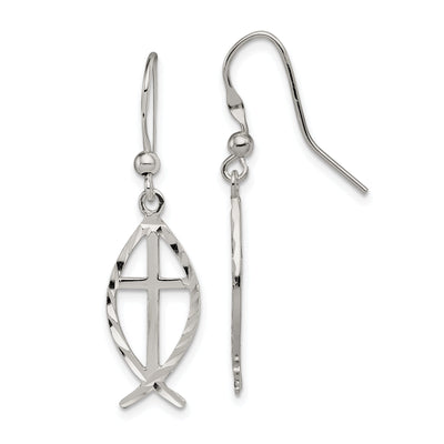Silver Diamond Cut Cross With Fish Dangle Earrings at $ 27.43 only from Jewelryshopping.com