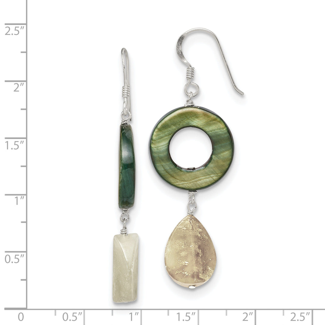 Silver Jade Green Mother Pearl Dangle Earrings