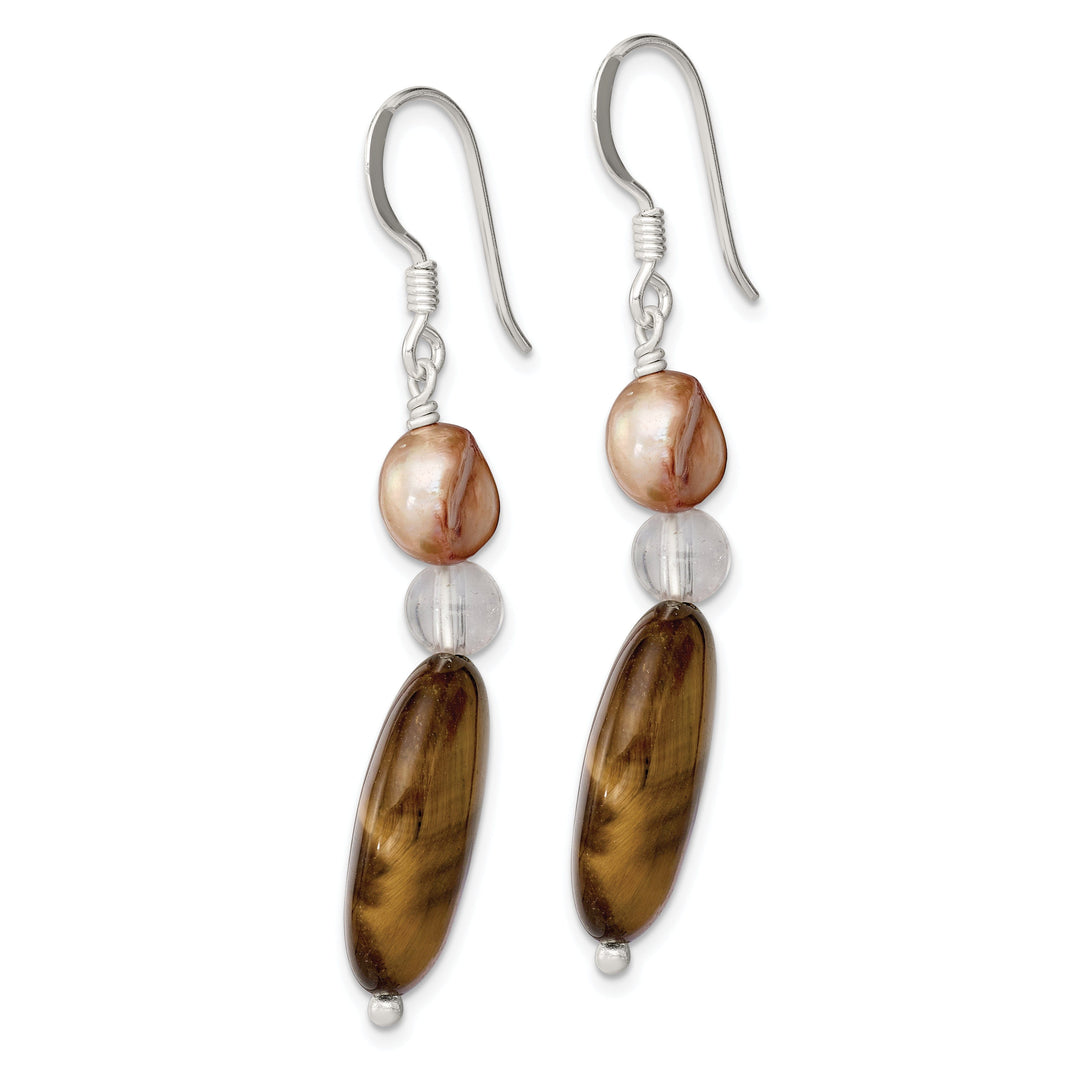 Silver Tiger's Eye Brown Pearl Dangle Earrings