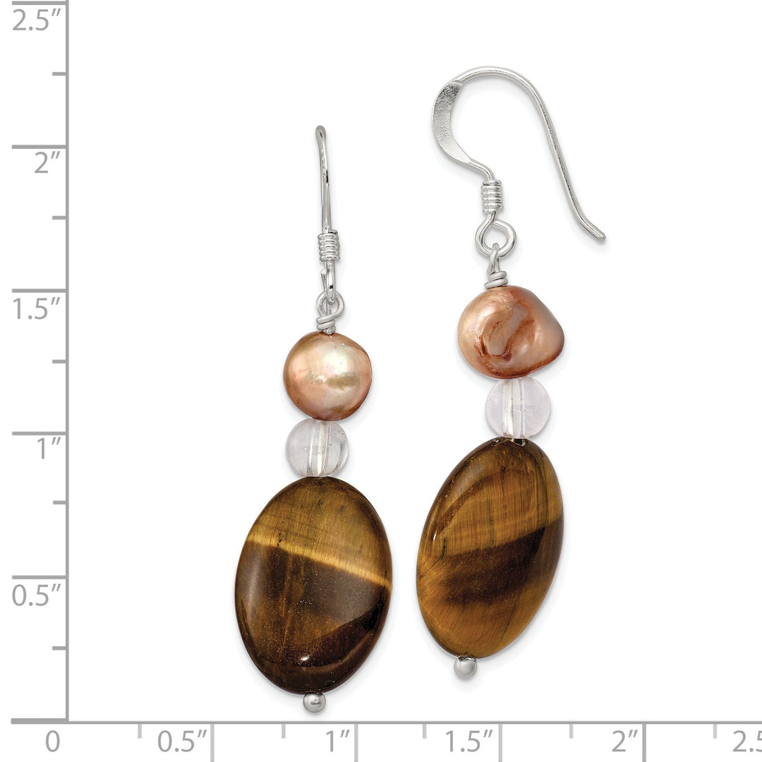 Silver Tiger's Eye Brown Pearl Dangle Earrings