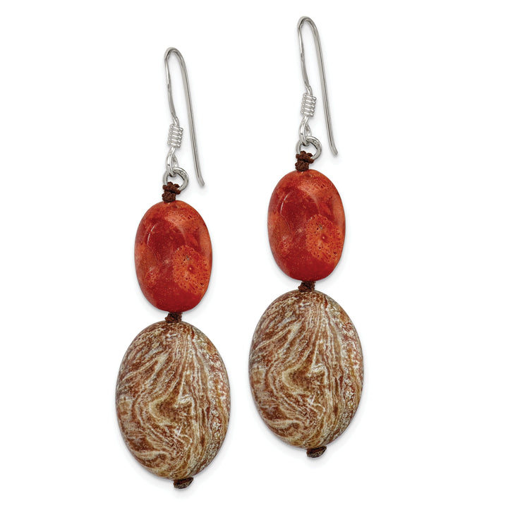 Silver Red Stone Zebra Jasper Dangle Earrings