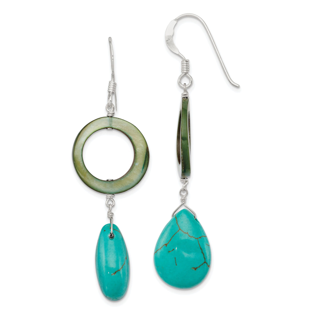 Silver Blue Green Mother Pearl Dangle Earrings