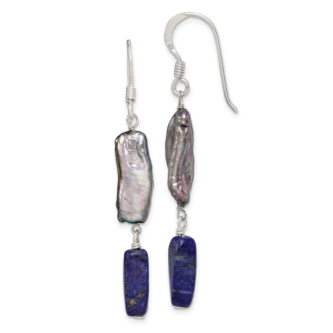 Silver Blue Lapis Grey Pearl Dangle Earrings