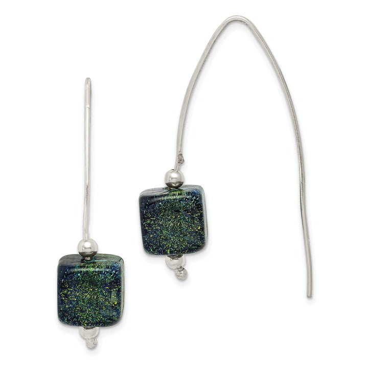 Silver Blue Dichroic Glass Thread Earrings