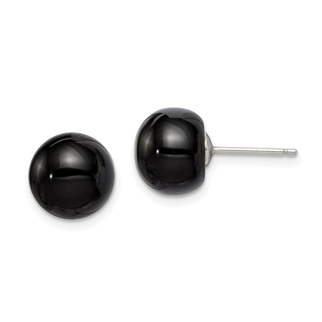 Sterling Silver Button Black Agate Post Earring