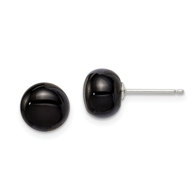 Sterling Silver Button Black Agate Post Earring
