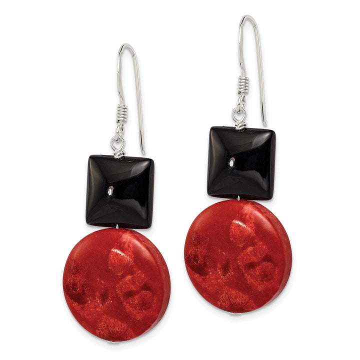 Silver Black Agate Red Coral Dangle Earrings