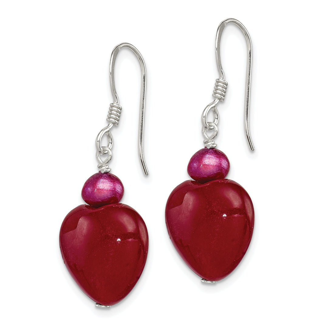 Silver Red Jade Hearts Pearl Drop Earrings