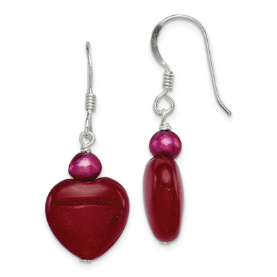 Silver Red Jade Hearts Pearl Drop Earrings