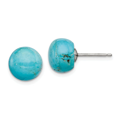 Silver Button Genuine Turquoise Post Earrings