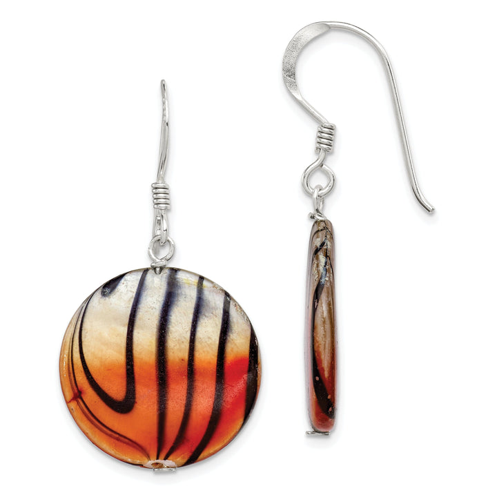 Silver Pearl Orange Black Disc Dangle Earrings