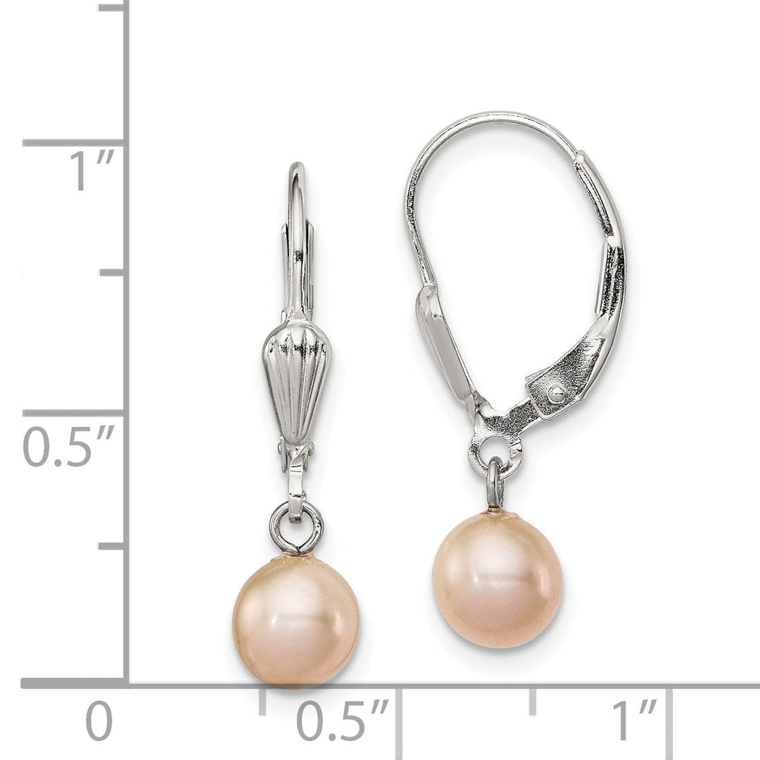 Silver Pink Pearl Dangle Leverback Earrings