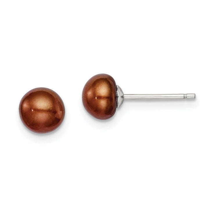 Silver Brown Fresh Water Button Pearl Earrings