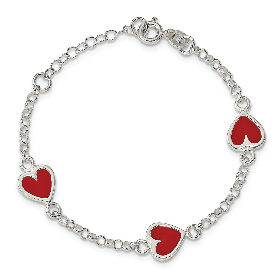 Silver Polished Enamel Red Heart Child Bracelet