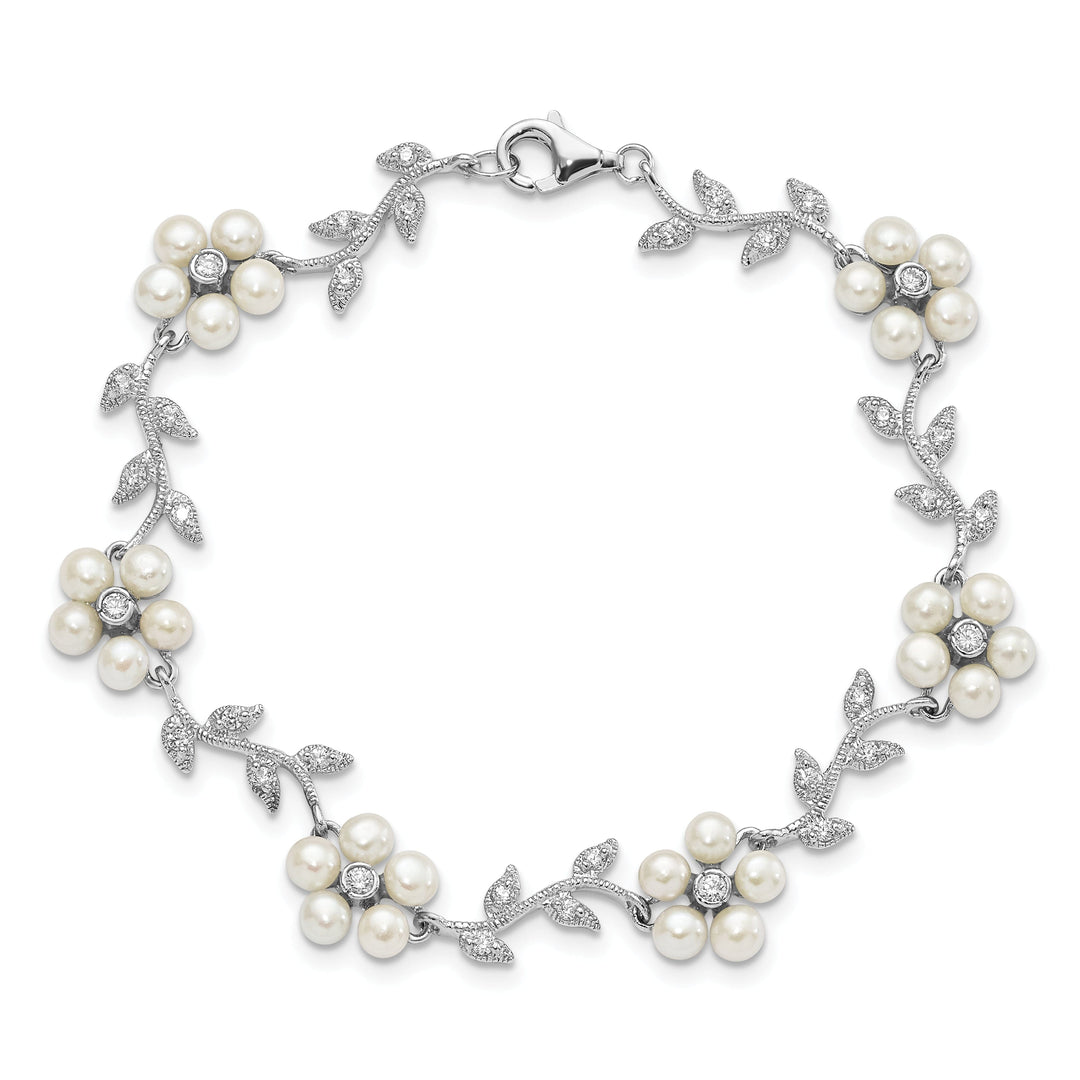 Silver Fresh Water Pearl C.Z Floral Bracelet