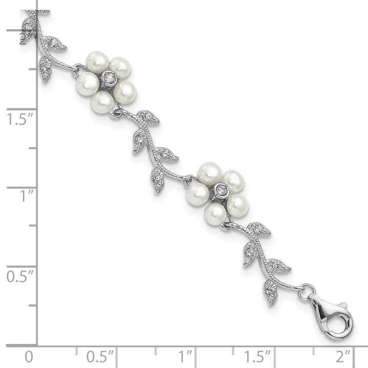 Silver Fresh Water Pearl C.Z Floral Bracelet