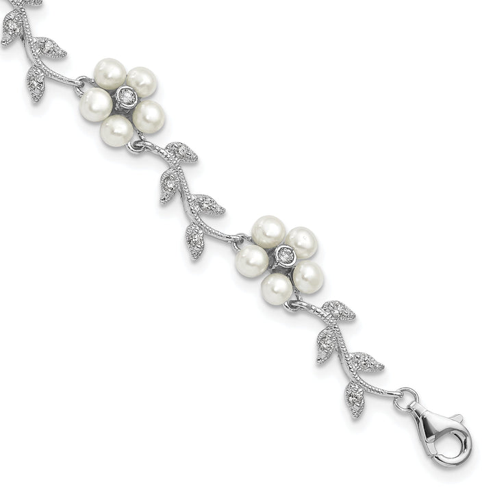 Silver Fresh Water Pearl C.Z Floral Bracelet