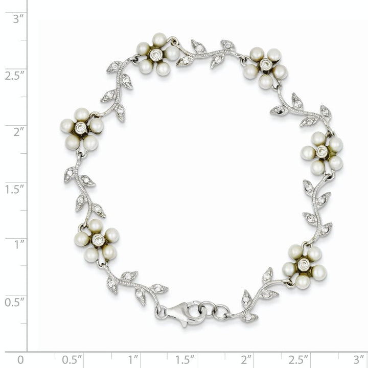 Silver Fresh Water Pearl C.Z Floral Bracelet