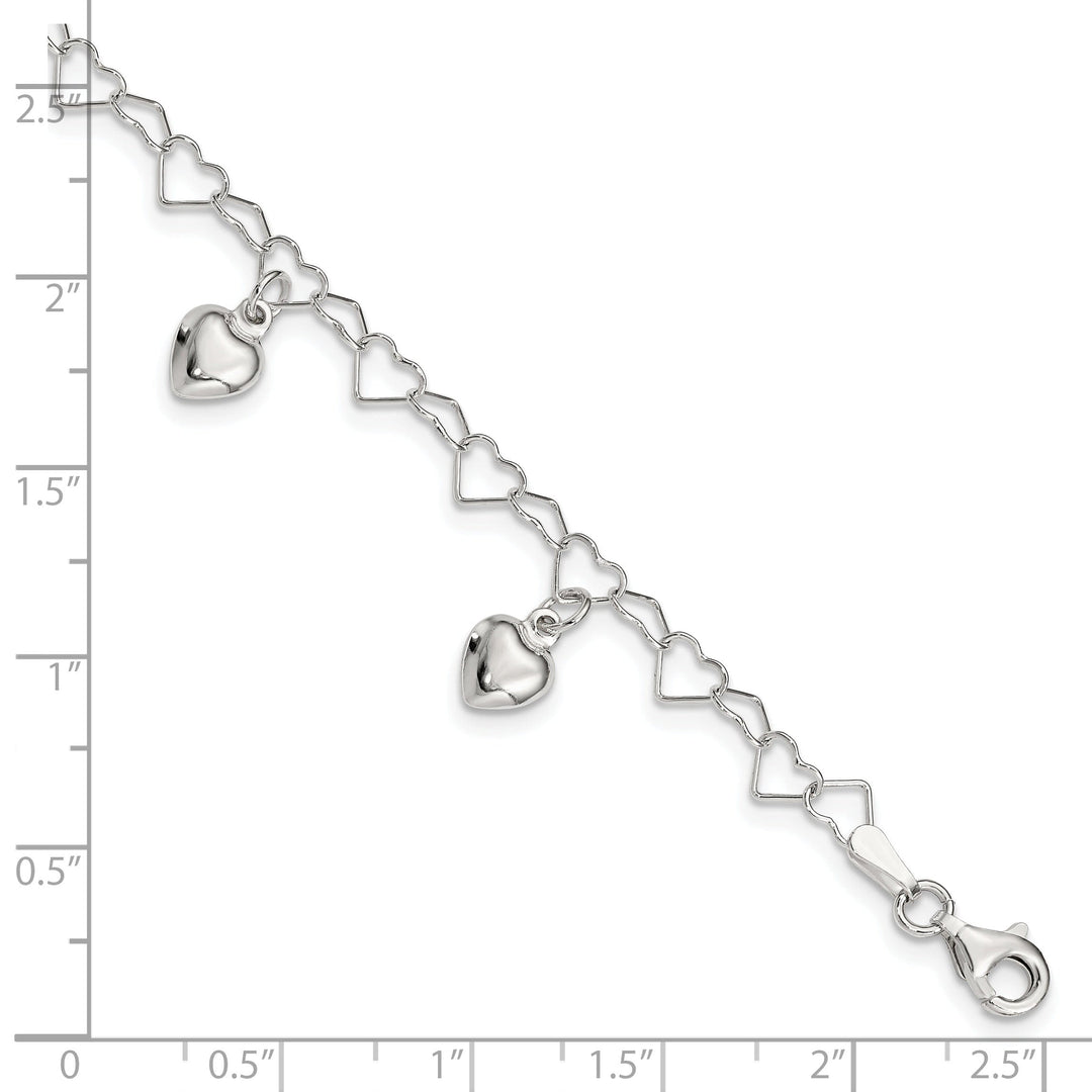 Silver Polished Finish Dangling Heart Bracelet