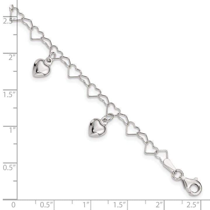 Silver Polished Finish Dangling Heart Bracelet