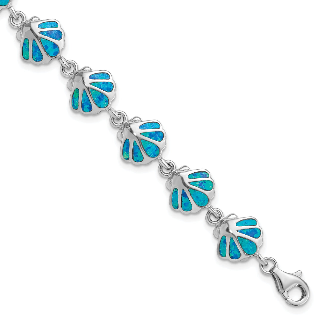 Silver Created Blue Opal Inlay Shell Bracelet