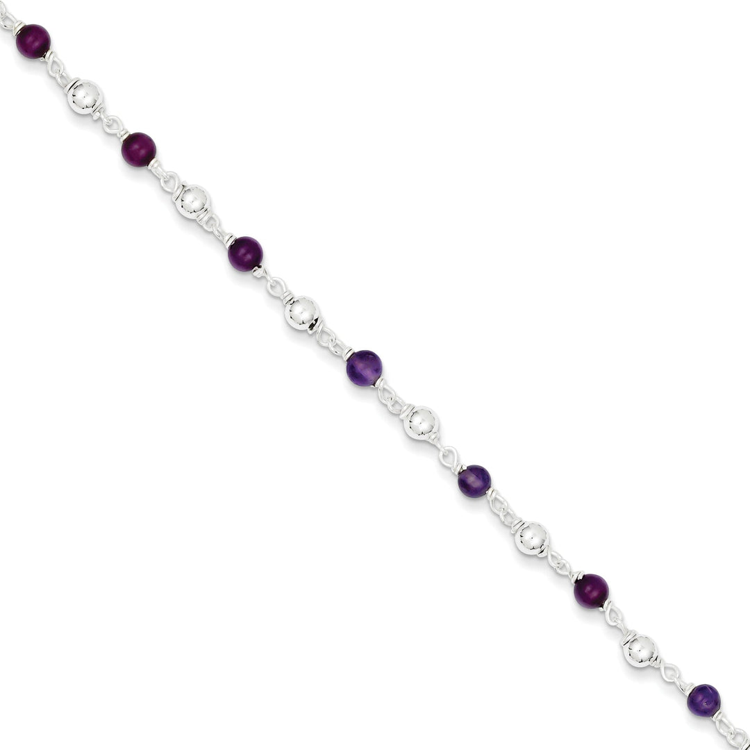 Silver Polished Finish Amethyst Beaded Bracelet